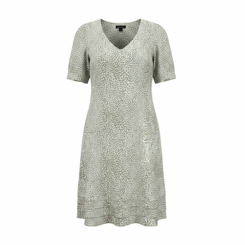 Nicole Miller Original Womens Tan White Pebble Print Linen Blend V-Neck Dress M